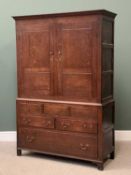 19th CENTURY OAK PRESS CUPBOARD having twin upper doors and shelved interior, over two short and one