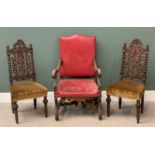VICTORIAN CARVED MAHOGANY HALL CHAIRS, a pair, on bobbin supports, 105cms H, 48cms W, 40cms D and