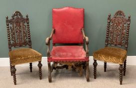 VICTORIAN CARVED MAHOGANY HALL CHAIRS, a pair, on bobbin supports, 105cms H, 48cms W, 40cms D and