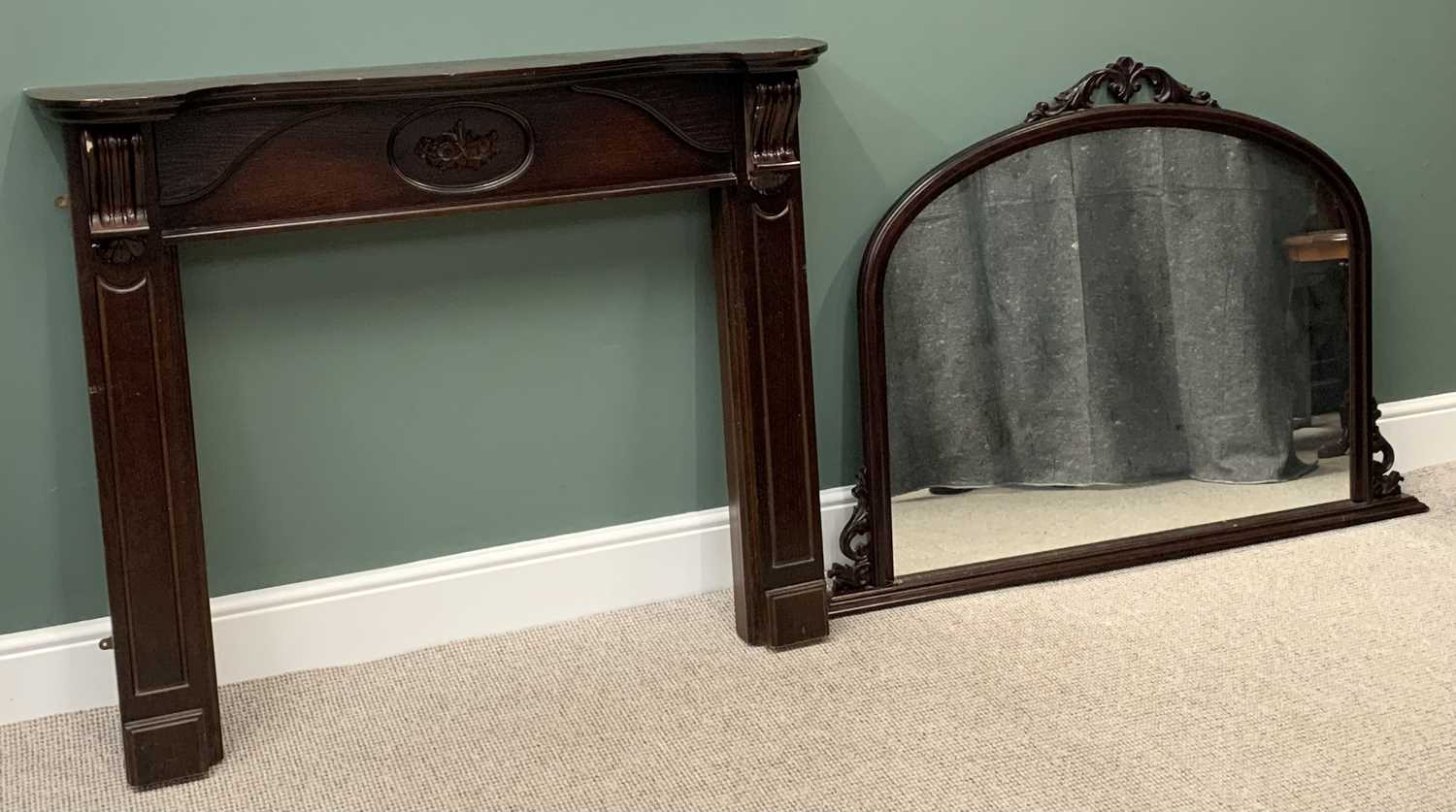 FIRE SURROUND & SIMILAR STYLE OVERMANTLE MIRROR, the surround 110cms H, 131cms W, 27cms D, the