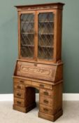 ANTIQUE BUREAU BOOKCASE, the top with twin leaded glass doors and carved inscription "Reading Maketh