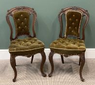 TWO FRENCH STYLE ORNATE PARLOUR CHAIRS, upholstered in green with buttoned backs and seats, on