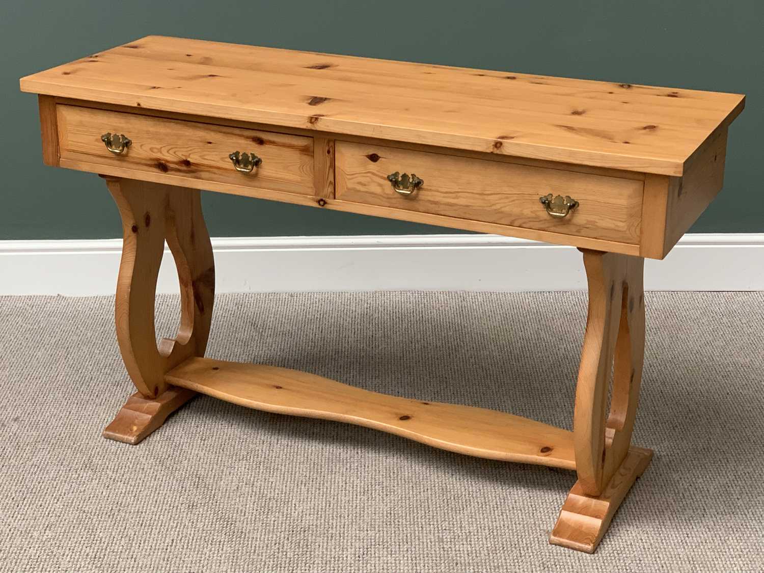 REPRODUCTION PINE LIBRARY TYPE TABLE with two drawers, 83cms H, 142cms W, 50cms D