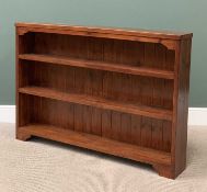 STAINED PINE THREE SHELF BOOKCASE, 99cms H, 145cms W, 23cms D