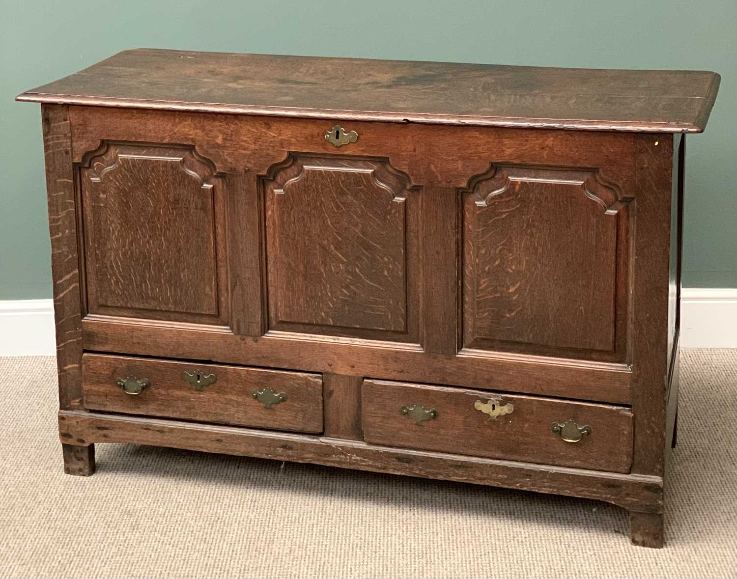 19th CENTURY OAK MULE CHEST with three fielded panels to the front and two base drawers, 92cms H,