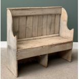 STRIPPED PINE SETTLE, 110cms H, 122cms W, 46cms D