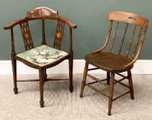 VICTORIAN MAHOGANY INLAID CORNER CHAIR, on spade supports and a vintage bentwood type chair