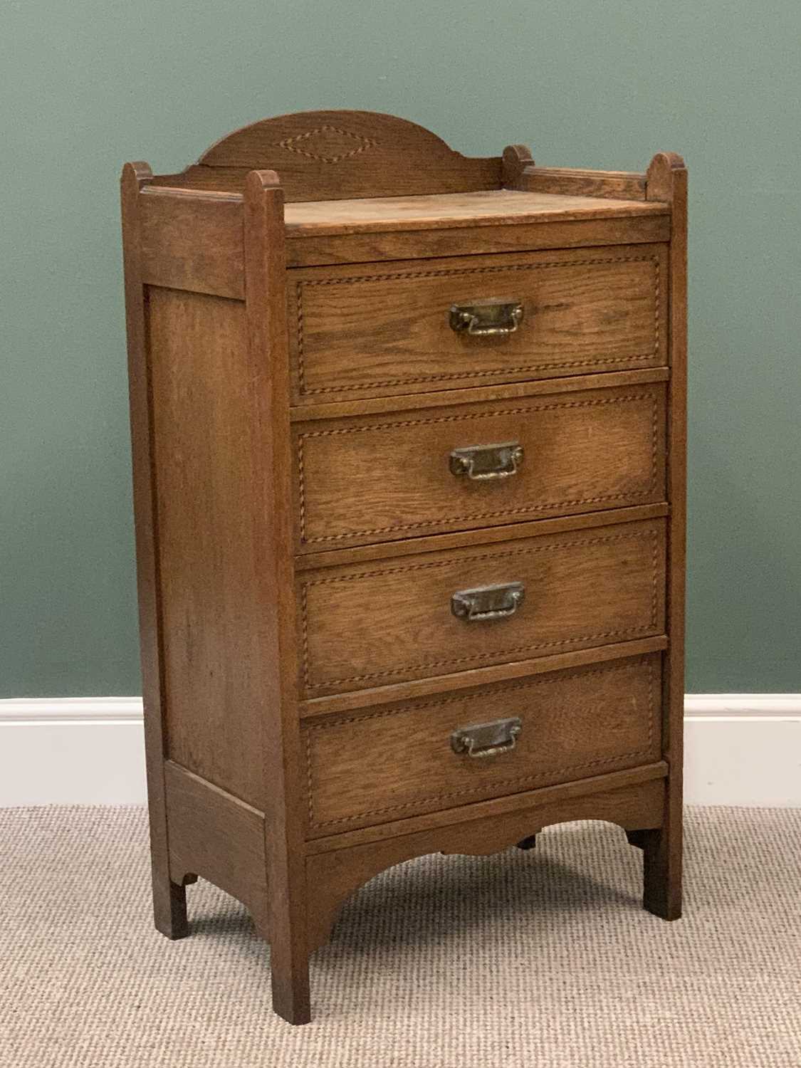 EDWARDIAN OAK CHEST OF FOUR DRAWERS with railback and string inlay, 103cms H, 58cms W, 38cms D