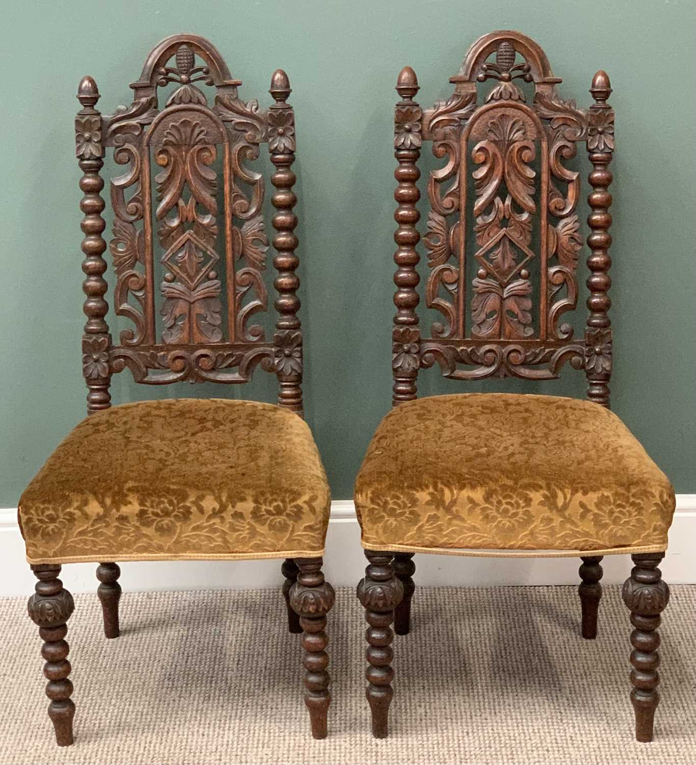 VICTORIAN CARVED MAHOGANY HALL CHAIRS, a pair, on bobbin supports, 105cms H, 48cms W, 40cms D and - Image 2 of 4