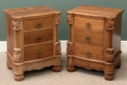 REPRODUCTION MAHOGANY BEDSIDE CHESTS, a pair, fine examples with scrolled and carved detail, 76cms