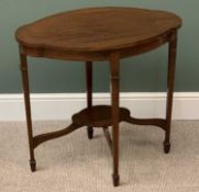 MAHOGANY INLAID OCCASIONAL TABLE with lower tier, on tapered and spade supports, 74cms H, 77cms W,