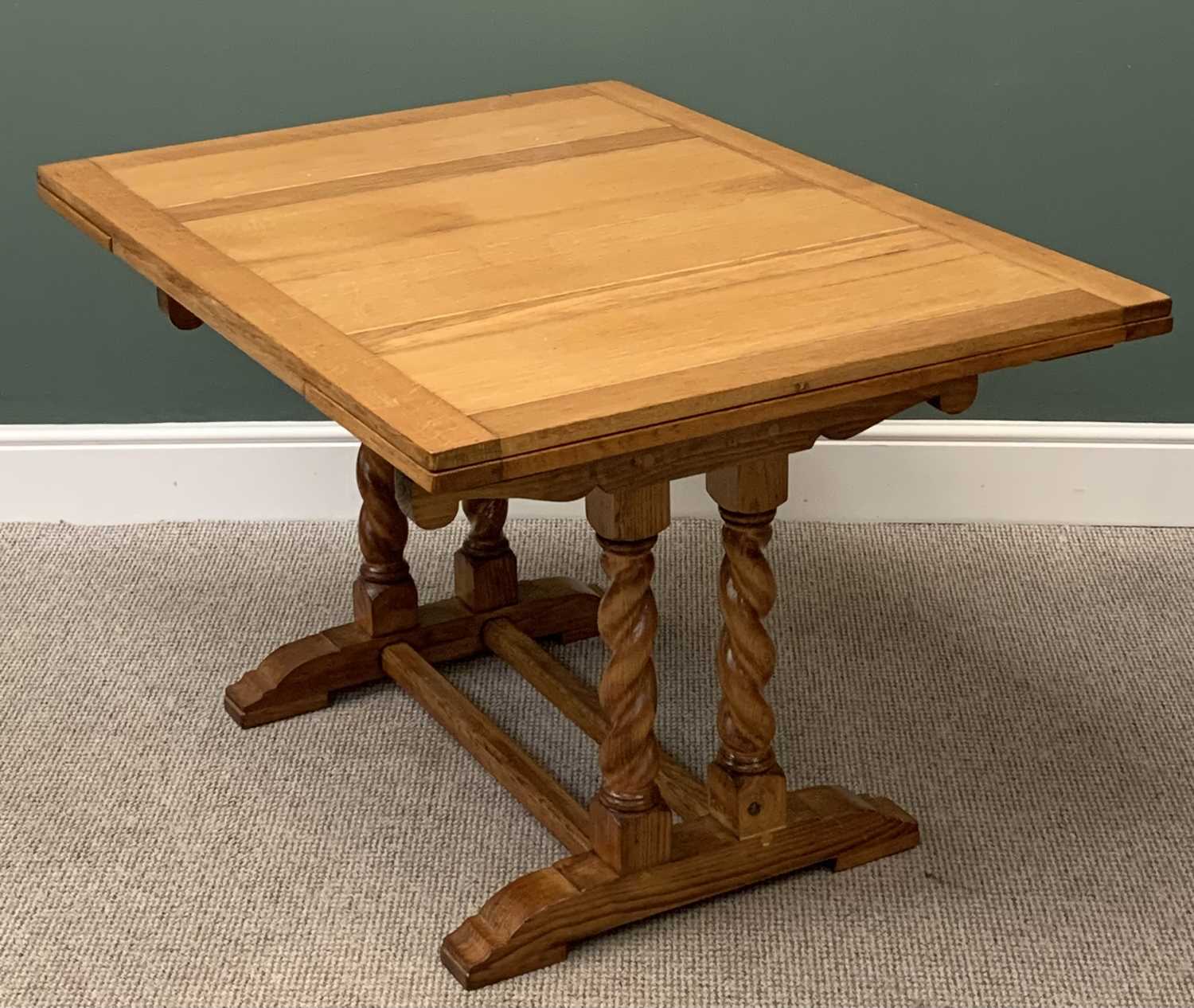 ANTIQUE LIGHT OAK DRAW LEAF DINING TABLE on twist supports, 74cms H, 182cms W, 90cms D (open) and - Image 2 of 5