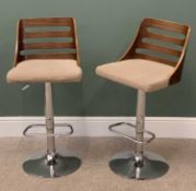 CONTEMPORARY BAR STOOLS, a pair, with chrome bases and upholstered seats, 98cms H, 47cms W, 41cms D