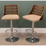CONTEMPORARY BAR STOOLS, a pair, with chrome bases and upholstered seats, 98cms H, 47cms W, 41cms D
