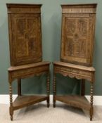 PAIR OF ANTIQUE OAK CARVED CORNER CUPBOARDS on tripod stands with lower shelf and on bobbin
