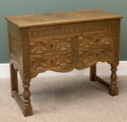 REPRODUCTION OAK JACOBEAN STYLE CABINET with lift-top and four drawers, on turned and block