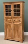 VINTAGE PINE FARMHOUSE CUPBOARD with two upper glazed doors, twin drawers over a cupboard base, on