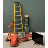 TOOLS & HOUSEHOLD ELECTRICS including a good stepladder, Flymo, garden tools and a JVC 32ins Smart