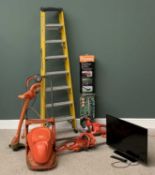 TOOLS & HOUSEHOLD ELECTRICS including a good stepladder, Flymo, garden tools and a JVC 32ins Smart