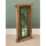 STAINED & LEADED GLASS PANEL in a wooden frame, 85cms H, 41cms W, 10cms D