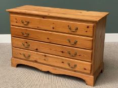 MODERN PINE CHEST of four long drawers, 81cms H, 122cms W, 46cms D