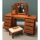 MODERN PINE KNEEHOLE DRESSING TABLE with central drawer and twin four drawer pedestals, 143cms H,