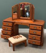 MODERN PINE KNEEHOLE DRESSING TABLE with central drawer and twin four drawer pedestals, 143cms H,