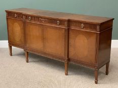 REPRODUCTION MAHOGANY BREAKFRONT SIDEBOARD (H & L Epstein), on spade supports, 89cms H, 190cms W,