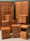 MODERN PINE BEDROOM FURNITURE to include two x two door wardrobes, 187cms H, 109cms W, 59cms D and