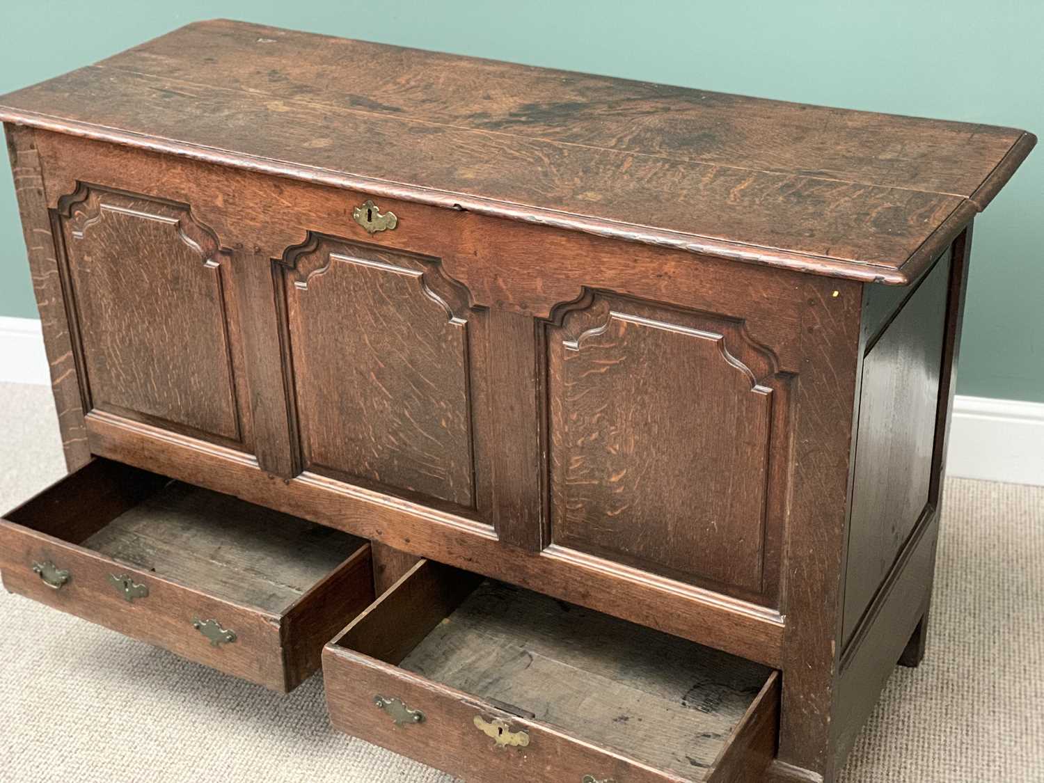 19th CENTURY OAK MULE CHEST with three fielded panels to the front and two base drawers, 92cms H, - Image 3 of 5