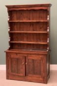 FARMHOUSE PINE TYPE DRESSER having a three shelf rack over a base with two cupboard doors, 191cms H,