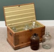 VINTAGE PINE BLANKET BOX with iron handles, 38cms H, 73cms W, 42cms D and a quantity of glass demi-