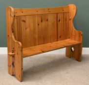 MODERN PINE HIGHBACK KITCHEN BENCH, peg-jointed, 122cms H, 168cms W, 46cms D