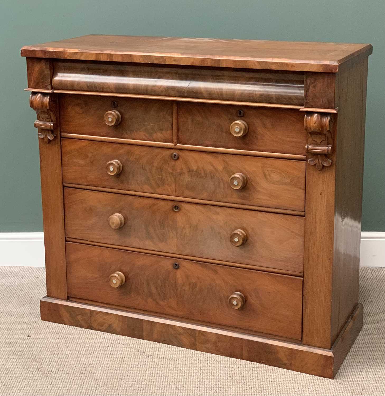 VICTORIAN MAHOGANY CHEST of two over three drawers and upper section drawer, with turned knobs,