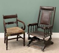 AMERICAN ROCKING CHAIR and a mahogany tapestry seated elbow chair