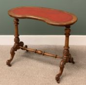 VICTORIAN MAHOGANY WRITING TABLE, kidney shaped with a red tooled leather effect top, 71cms H, 91cms