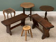 FURNITURE ASSORTMENT (6) to include rustic type small benches, wine table and two occasional tables