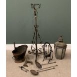 METALWARE - to include rise and fall lamp stand, fire irons, copper helmet coal scuttle, vintage