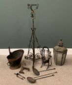 METALWARE - to include rise and fall lamp stand, fire irons, copper helmet coal scuttle, vintage