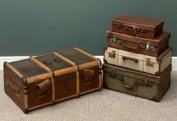 VINTAGE LUGGAGE ASSORTMENT including wooden banded trunk, 35cms H, 86cms W, 54cms D and an