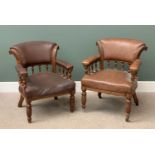 VINTAGE CAPTAIN'S TYPE TUB CHAIRS, a pair (one red, one brown), rexine seated, on turned supports