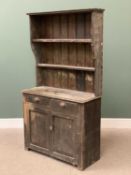 VINTAGE PINE DRESSER with two shelf rack, the base having two drawers over two cupboard doors,