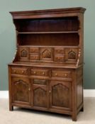 DRESSER - quality reproduction oak example with doors and drawers to the lower rack and the base