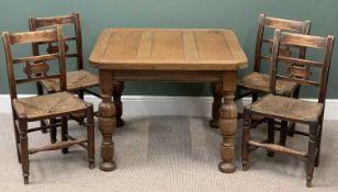 VINTAGE OAK DRAW LEAF TABLE, 76cms H, 99cms W, 168cms D (open) and a set of four rush seated chairs