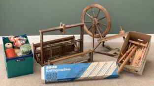 VINTAGE SPINNING WHEEL, loom and associated items including wool bobbins