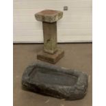 GARDEN STONEWARE - three piece birdbath, 71cms H and a heavy stoneware trough, 20cms H, 75cms W,
