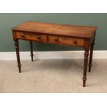 VICTORIAN MAHOGANY WRITING TABLE with two drawers, on turned supports, 78cms H, 120cms W, 55cms D
