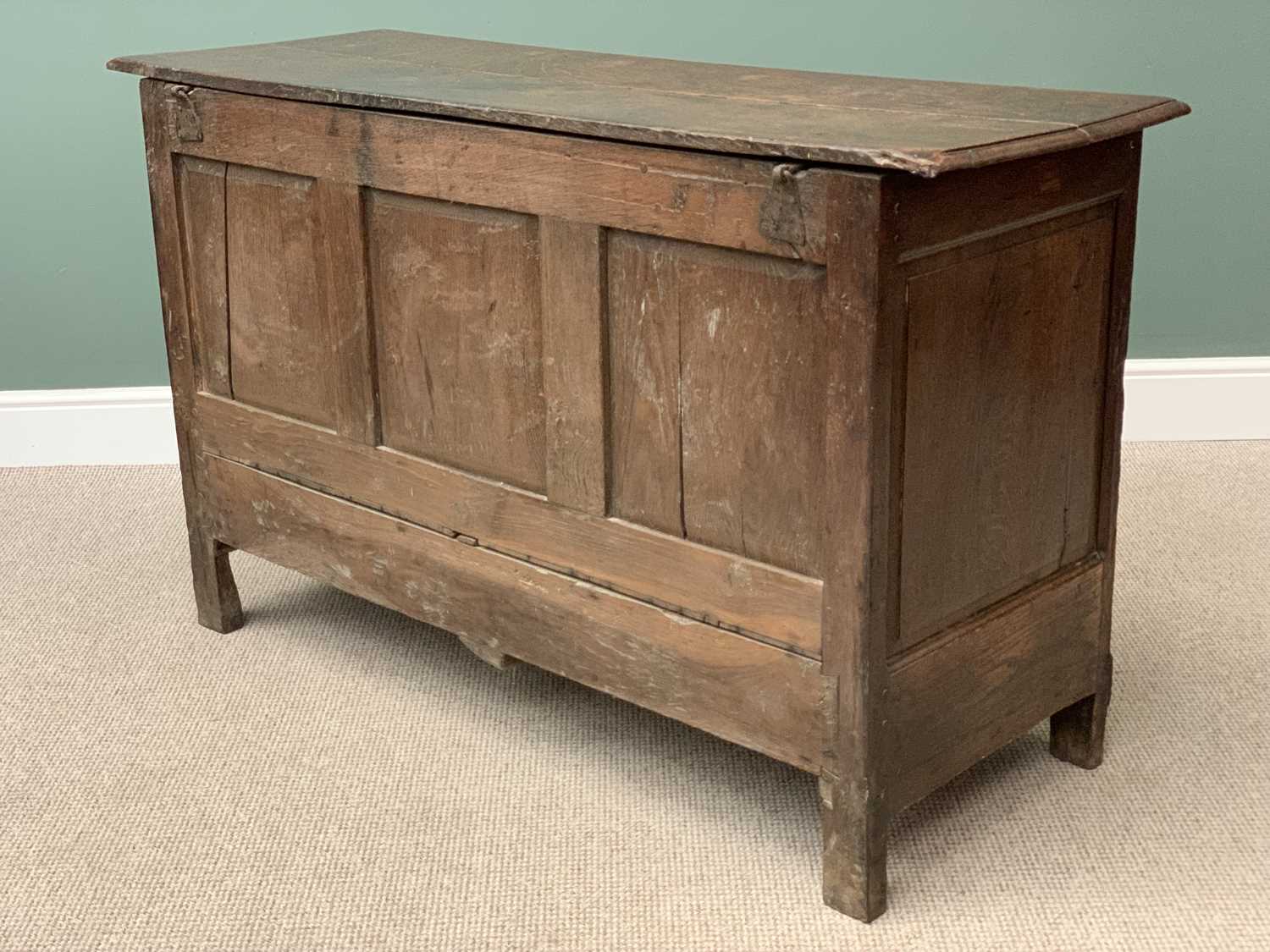 19th CENTURY OAK MULE CHEST with three fielded panels to the front and two base drawers, 92cms H, - Image 4 of 5