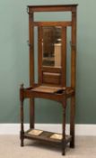 EDWARDIAN OAK NARROW HALLSTAND with central oblong bevelled glass mirror, hooks and white painted