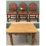 ANTIQUE OAK WIND-OUT DINING TABLE on reeded and turned supports, 70cms H, 108cms W, 108cms D and six